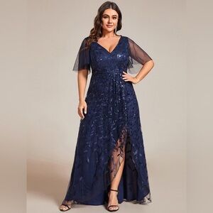 🆕 Plus Size Short Sleeves Sequin High Low V-Neck Midi Formal Evening Dress